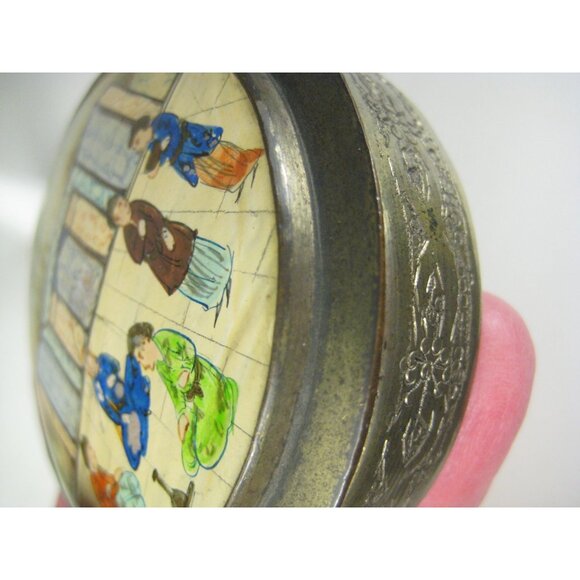 Vintage Hand Painted Asian Trinket Box Mirror Top Mother Of Pearl Silver Plated - Picture 13 of 15